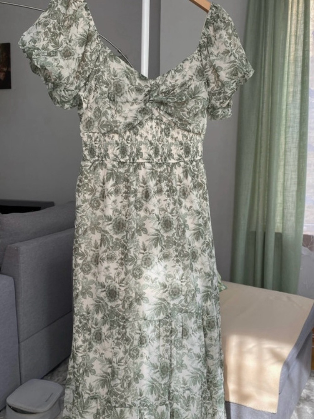 Trixxi Cream Maxi Dress with Sage Green Floral Print and Puff Sleeves